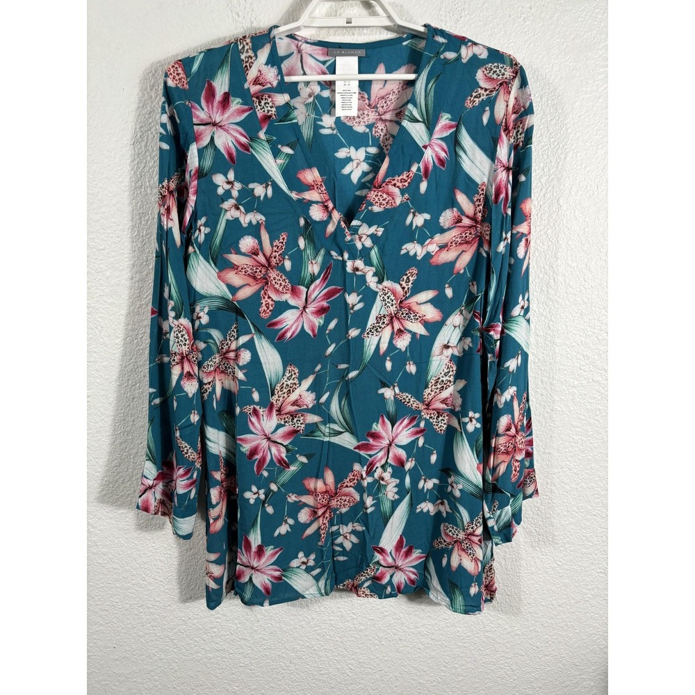 La Blanca Tunic Top Womens Large Blue Pink Floral Tropical Blouseâ Swim Cover Up